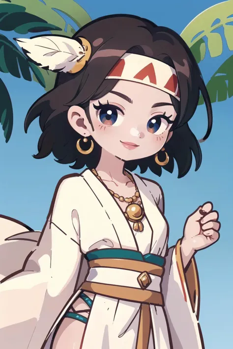 (best quality, masterpiece:1.1), <lora:Better light:0.5>, <lora:marikyuun:0.6>, marikyuun, cowboy shot, looking at viewer, staring, (1female), smiling face, silver hair, short hair, flipped hair, native american loincloth robe traditional clothes, facepaint, headband, feather hair ornament, necklace, earrings, jewelry, (tribe, tribal:1.2), (Wind, (safari Background:1.2)),