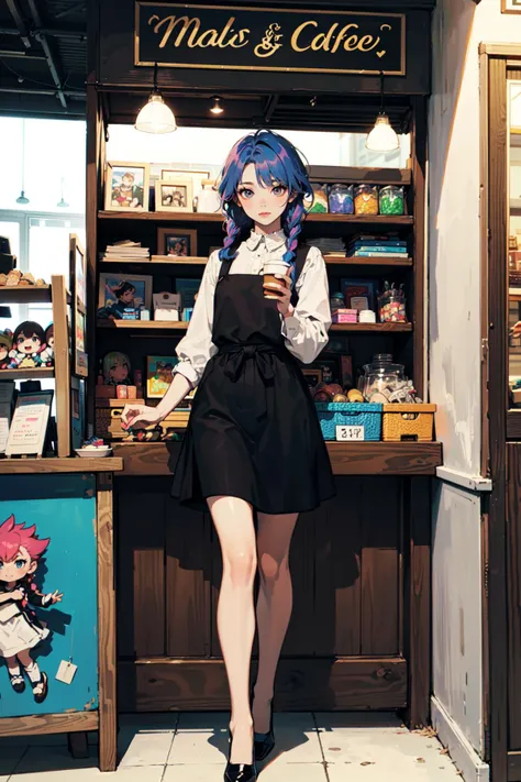 (best quality, masterpiece:1.1), full body, (1female), desired face, rainbow hair, very long hair, spiked hair, twin braids, (at a cafe), ( selling toys at a flea market, a small booth filled with various colorful toys, customers browsing and admiring toys),