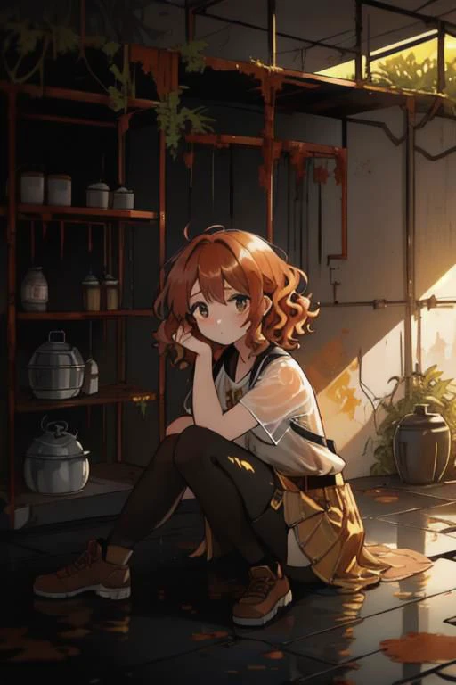 full body, a girl, a pretty woman, close up, face focus, curly hair, short copper-colored hair tinged with gold, white coat, blue see-through skirt, see-through leggings, she is sitting near rushed Dilapidated collapsed shop, rusted steel pipes, rusted iron barrels, rusty iron trusses and shelves, rusted steel pipes, rusted iron barrels, rusted iron trusses and shelves, small containers and drink cans scattered all over the floor, damaged floors with potholes, dripping waters, Water dripping from the roof, overgrown shrubs, overgrown by vines weeds, shaded by greenery, green water submerged, grass, tree canopy, elegant sunlit, weak light and shadows,