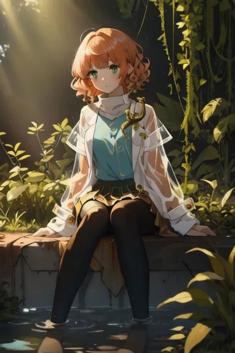 full body, a girl, a pretty woman, curly hair, short copper-colored hair tinged with gold, white coat, blue see-through skirt, see-through leggings, she is sitting in rushed Dilapidated collapsed manufacture facility room, overgrown by vines weeds, shaded by greenery, green water submerged, tree canopy, elegant sunlit, weak light and shadows,