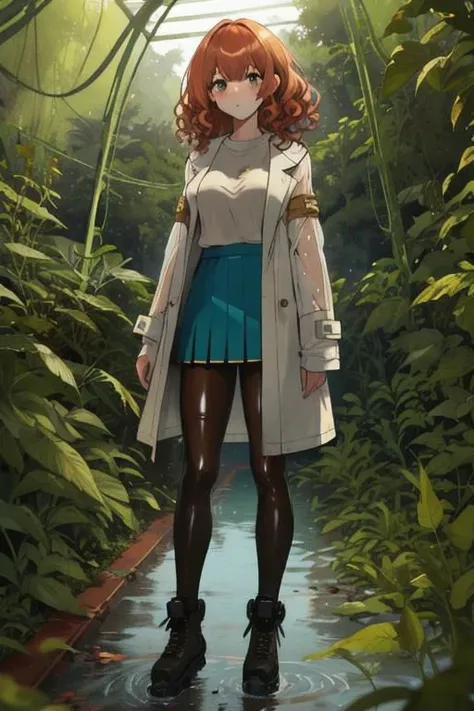 full body, a girl, a pretty woman, curly hair, short copper-colored hair tinged with gold, white coat, blue see-through skirt, see-through leggings, she is standing near (Several rusted damaged military tanks), rushed Dilapidated collapsed military facility, overgrown with vines and weeds and shaded by greenery, green water submerged, tree canopy, elegant sunlit, weak light and shadows,
