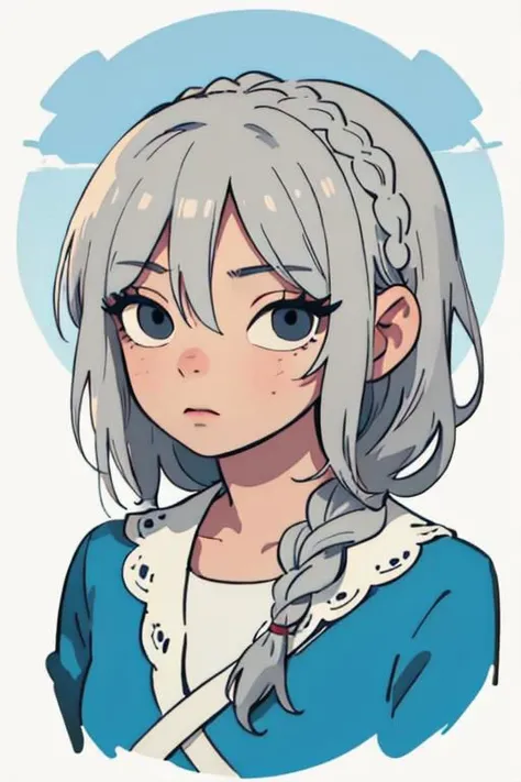 full body, from above, looking down, (1female), lonely face, grey hair, medium hair, hair over eyes, braid, sky blue dress, (white background:1.3), (best quality, masterpiece, scenery:1.1),
