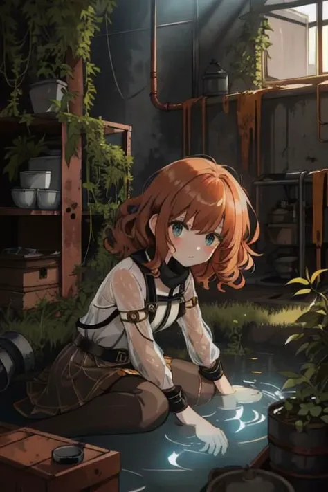 full body, a girl, a pretty woman, close up, face focus, curly hair, short copper-colored hair tinged with gold, white coat, blue see-through skirt, see-through leggings, she is sitting in rushed Dilapidated collapsed manufacture facility steel room, rusted steel pipes, rusted iron barrels, rusty iron trusses and shelves, rusted steel pipes, rusted iron barrels, rusted iron trusses and shelves, small containers and drink cans scattered all over the floor, damaged floors with potholes, dripping waters, Water dripping from the roof, overgrown shrubs, overgrown by vines weeds, shaded by greenery, green water submerged, grass, tree canopy, elegant sunlit, weak light and shadows, tree canopy, elegant sunlit, weak light and shadows,