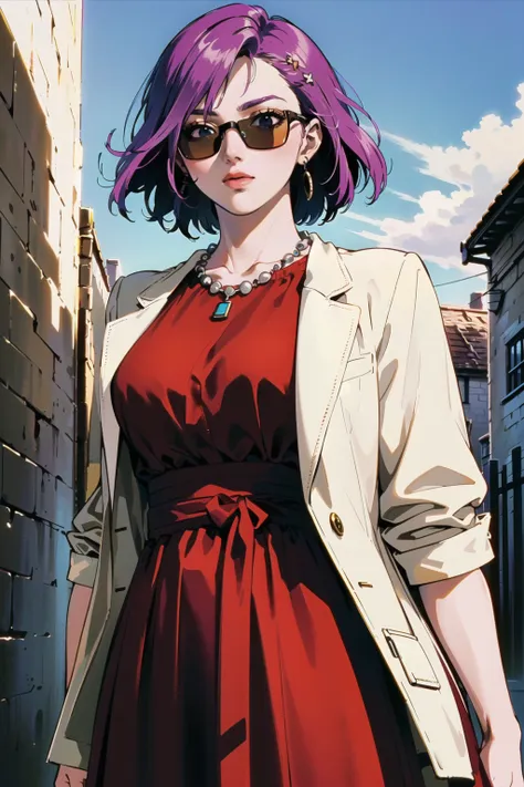 (best quality, masterpiece:1.1),  <lora:kenpuu_denki_berserk-10:0.65>,  cowboy shot,     (1female), gentle face, rainbow hair, short hair, messy hair, dreadlocks,       sunglasses, jacket, handbag, dress, necklace,