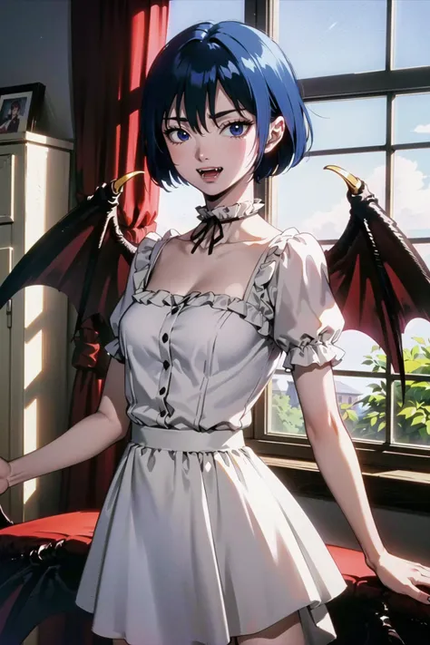 (best quality, masterpiece:1.1),  <lora:kenpuu_denki_berserk-10:0.65>,  cowboy shot,  looking outside,   (1female), evil face, blue hair, very short hair, hair between eyes, hime cut,     (fangs), (vampire), bet wings,  one piece dress,