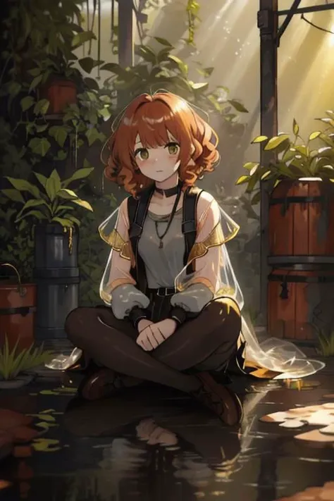 full body, a girl, a pretty woman, close up, face focus, curly hair, short copper-colored hair tinged with gold, white coat, blue see-through skirt, see-through leggings, she is sitting near rushed Dilapidated collapsed manufacture facility, rusted steel pipes, rusted iron barrels, rusty iron trusses and shelves, rusted steel pipes, rusted iron barrels, rusted iron trusses and shelves, small containers and drink cans scattered all over the floor, damaged floors with potholes, dripping waters, Water dripping from the roof, overgrown shrubs, overgrown by vines weeds, shaded by greenery, green water submerged, grass, tree canopy, elegant sunlit, weak light and shadows,