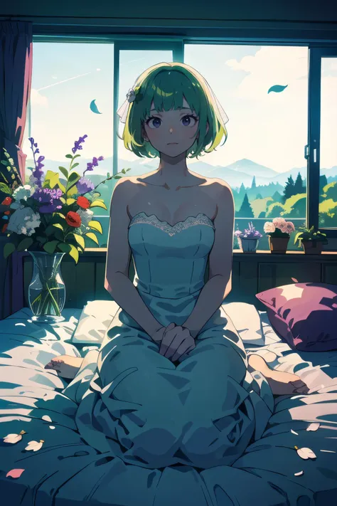 full body,  looking outside,   (1female), desired face, green hair, short hair, blunt bangs, forehead,       white wedding dress,  (flowers are scattered on the bed:1.2), window,  (best quality, masterpiece, scenery:1.1), <lora:spotlight:0.5>, silhouette,  purple spotlight, dark theme,