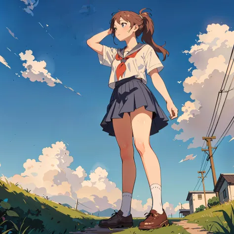 masterpiece,best quality,80s animation style,wind,motion blur,utility pole,concrete wall,on slope,sunny,sunbeam,cloud,grass. poster on wall,sideview,from bottom,1 girl,(looking up:1.5),ponytail,serafuku,white shirt,light blue pleated skirt,white socks,brown shoes,(adjusting_shoe:1.3),standing next to utility pole,beautiful art uhd 4 k,FanRu,anime beautiful peace scene,beautiful anime artwork,a beautiful artwork illustration,guweiz on artstation pixiv,anime art wallpaper 8 k,anime art wallpaper 4k,anime art wallpaper 4 k,<lora:ç»ªå¿-æ¢¦å¹»åºæ¯ dream like:0.5:lbw=MIDD>,