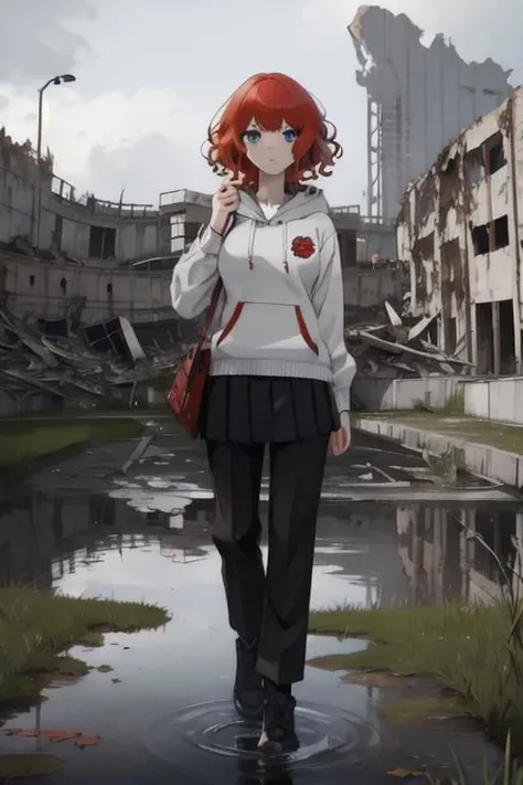 full body, (1female), 1girl, close up, face focus, boring face, blue eyes, red hair, copper short hair, curly hair, hoodie and school uniform, black pants, flood, water, grass, dilapidated Stadium, collapsed desolated buildings, collapsed Stadium, destroyed abandoned Stadium, baseball, festive, crowd, (best quality, masterpiece, scenery:1.1),