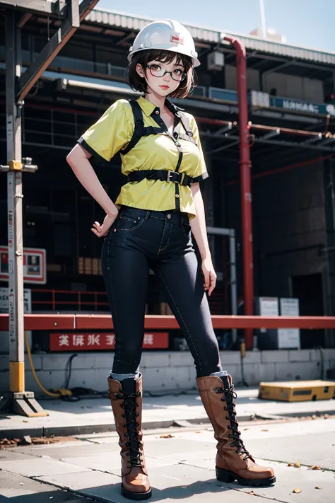 (masterpiece, best quality), fullbody, solo, ultra high res, 1girl, 45yo, beautiful face, hazelnut hair, brown eyes, short hair, amazing body, medium breasts, working clothes. working boots,hard hat, safety glasses, background construction site, look at viewer, standing pose, solo, best quality, ultra high res, ultra detailed,