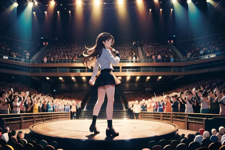 full body,   (facing down:1.2),  (1female), sad face, brown hair, very long hair, messy hair,         chest opening unbuttoned shirt, tight miniskirt, (Idol:1.2), (singer:1.2),  concert, (concert hall, stage), crowd, highlights, (Idol), (singer),  (best quality, masterpiece, scenery:1.1),