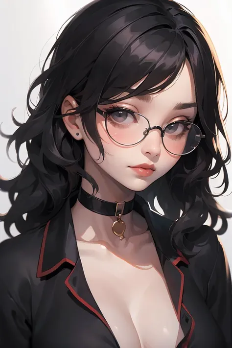 (masterpiece, best quality), 1girl, messy hair, choker, black silk pajamas, see-through, glasses,