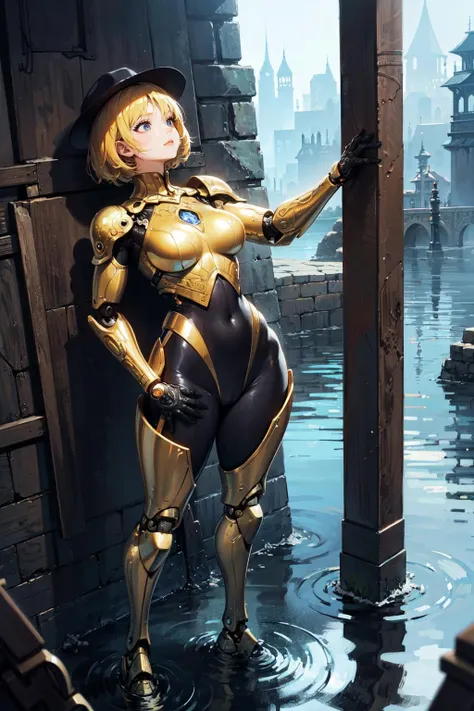 (best quality, masterpiece:1.1), (Intricate detailed:1.2),   full body,  looking outside, (facing up:1.2),  1girl, sad face, yellow hair, short hair, flipped hair,        Fedora Hat, Cybernetic Metallic Body Suit, Prosthetic Mechanical Foot, Tight Hips And Firm Buttocks BREAK ( Flood, city Background, hourglass Figure, (fantasy, medieval, ancient)) in the background,