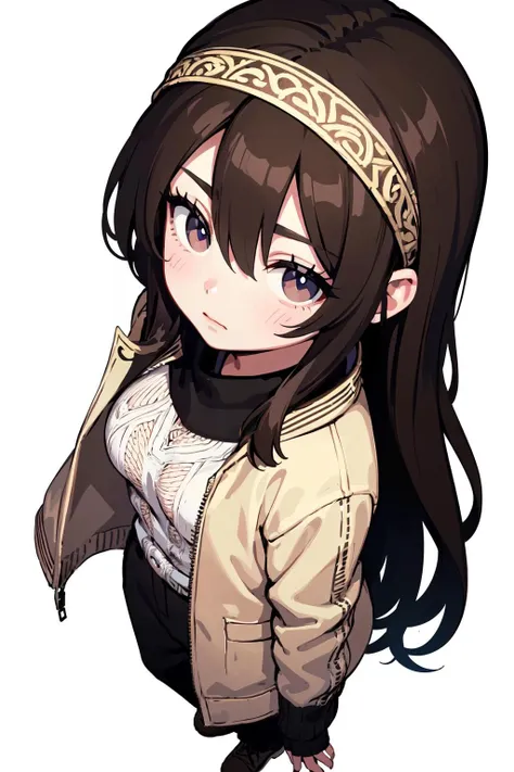 (best quality, masterpiece:1.1), (Intricate detailed:1.2),   full body, from above, looking at viewer, staring,   (1girl), sorrowful face, brown hair, very long hair, hair between eyes,       jacket, fishnet,  pants, headband, ninja, (fantasy, medieval, ancient), (white background:1.3),