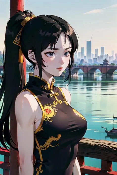 (best quality, masterpiece:1.1),  <lora:kenpuu_denki_berserk-10:0.65>,  upper body, dynamic angle,     (1female), emotionless face, black hair, absurdly long hair, messy hair,   side ponytail,     ((china dress with dragon pattern)), black china dress, (park, lake, (bridge, city skyline), (china, chinese culture)),