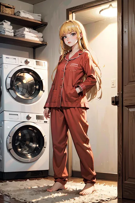 (best quality, masterpiece:1.1),   full body,     (1female), angry face, golden hair, very long hair, blunt bangs,        Cute Pajamas, ( laundry in the basement, indoors, table, folded clothes, washing machine, shelves),