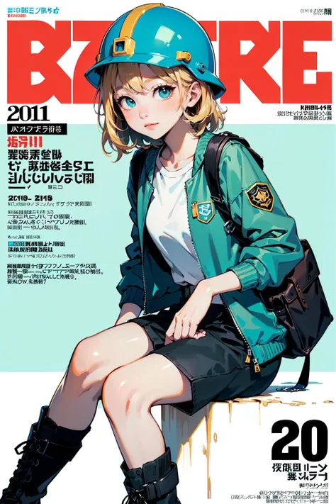 (best quality, masterpiece:1.1),   close up,     (1female), :3, golden hair, very short hair, wavy hair, dreadlocks,    cyan colored bells on hair,   explorer helmet, explorer jacket, white shirt, short cargopants, explorer boots, bag, ((magazine, magazine cover background, simple background:1.1)),