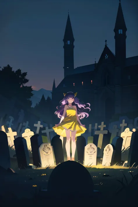 full body,     (1female), smiling face, purple hair, absurdly long hair, wavy hair,        dress, yellow dress, jewelry, sleeveless, bare shoulders,  (graveyard), outdoors, (fantasy, medieval, ancient),  (best quality, masterpiece, scenery:1.1), <lora:spotlight:0.5>, silhouette, dark theme,