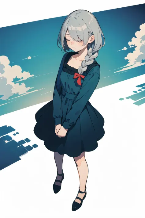 full body, from above,   looking down, (1female), lonely face, grey hair, medium hair, hair over eyes,   braid,    sky blue dress, (white background:1.3),  (best quality, masterpiece, scenery:1.1),