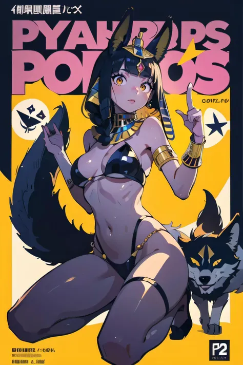 full body, (1female), arrogant face, orange hair, very long hair, wavy hair, braided bangs, intricate hair ornaments, (Anubis outfits), navel, Tattoo, wolf ears, wolf tail, sky, Egypt, Japanese subculture, colorful, (Dark circles:1.2), (pop art comic cover), text, pop art (text balloon), pop art, ((text: vol. 2)), (egyptian princess:1.2), (best quality, masterpiece, scenery:1.1), <lora:spotlight:0.5>, silhouette, purple spotlight, dark theme,