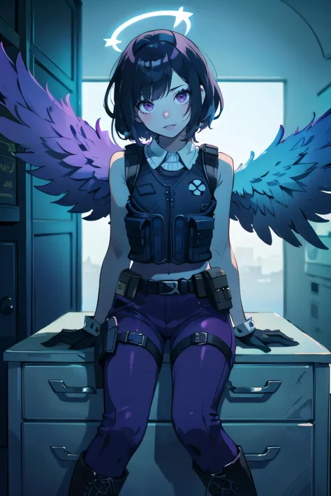 close up, (sit on a chest of drawers), (sit), (1female), (solo:0.8), shoujo, <lora:gothGirlLora_v10:0.5>, goth girl, goth makeup, lovely small breasts, aroused face, purple eye, cyan hair, medium hair, spiked hair, undercut, angel, purple giant wings on the back, (bright halo), (bulletproof vest, bullet pouch on top of the bulletproof vest, combat pants), hoodie, wearing boots, holster on the thigh, black gloves, cogwheel room, (excessvie cogwheels), (best quality, masterpiece, scenery:1.1), <lora:spotlight:0.5>, silhouette, spotlight, dark theme,