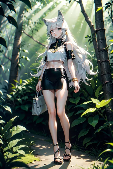 (best quality, masterpiece:1.1), full body, looking down, (1female), arrogant face, white hair, absurdly long hair, wavy hair, (animal ears, wolf ears), french wire earrings, grey crop top, white cut out bottom mini skirt, gold cuff bracelet, white slide sandals, calf hair bag, ( branch of a tall tree, in forest, sunlight through the leaves),