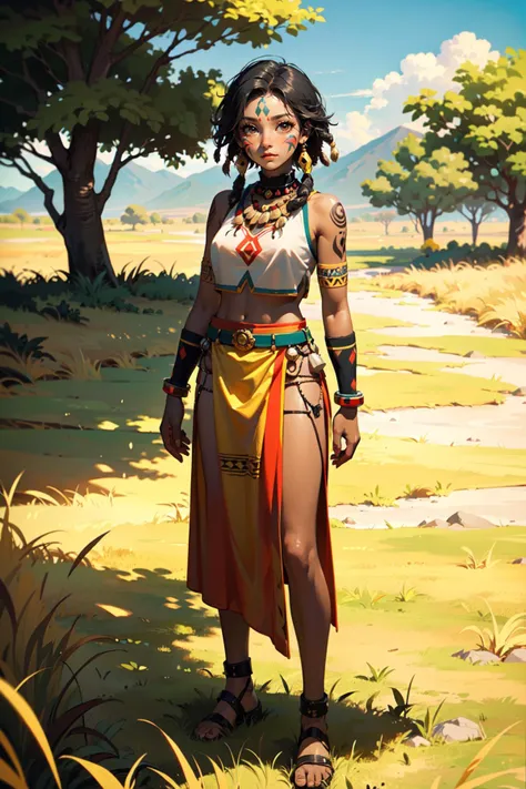 (best quality, masterpiece:1.1), <lora:Better light:0.5>, full body, (1female), :3, black hair, very short hair, pointy hair, dreadlocks, (tribe, tribal, amazon warrior:1.2), ancient cloth, red face paint, face tatoo, (savana, (dry, yellow grass land), tree, (river)),