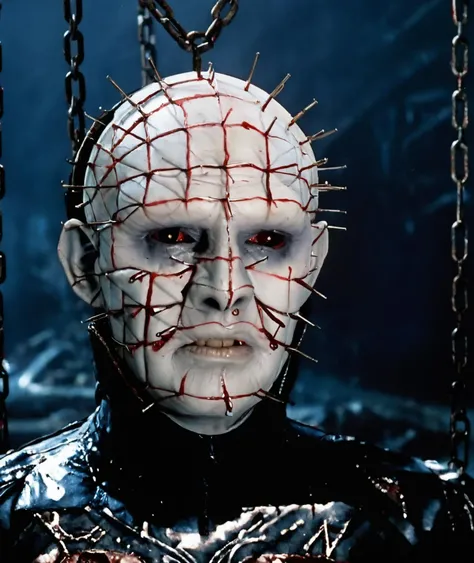 <lora:p1nheadXL:0.95>,p1nheadxl,close up on face,chains,hooks,body parts,blood dripping,