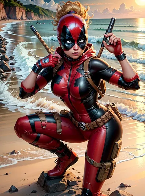 margot robbie as a gorgeous Harley Quinn standing on sand wind in the hair