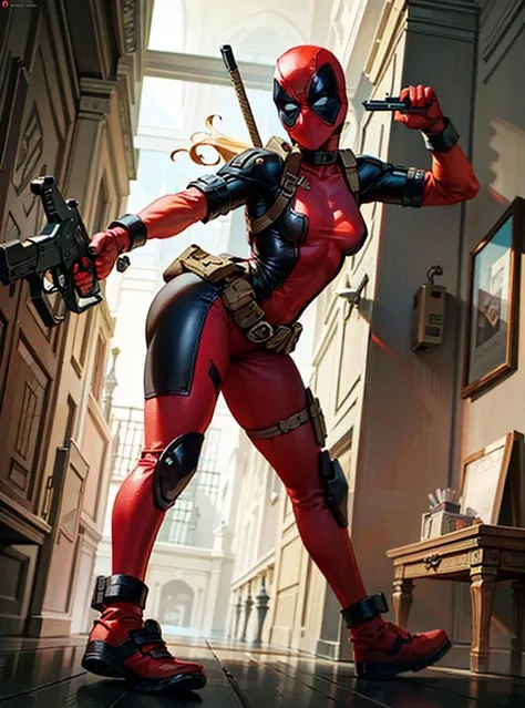 (LadyPool open clothes:1), 1girl, (superhero, bodysuit, red leotard, belt, gun, hood:1), (red mask, covered face:1), looking at viewer, cute pose, leaning forward,
(detailed landscape, mansion, pool:1), (dynamic_angle:1), (dynamic_pose:1.2),
(masterpiece:1.2), (best quality, highest quality), (ultra detailed), (8k, 4k, intricate),(full body:1), (Cowboy-shot:1.2), (50mm), (highly detailed:1.2),(detailed face:1.2), detailed_eyes,(gradients),(ambient light:1.3),(cinematic composition:1.3),(HDR:1),Accent Lighting,extremely detailed,original, highres,(perfect_anatomy:1.2),
<lora:LadyPool_character:0.6>