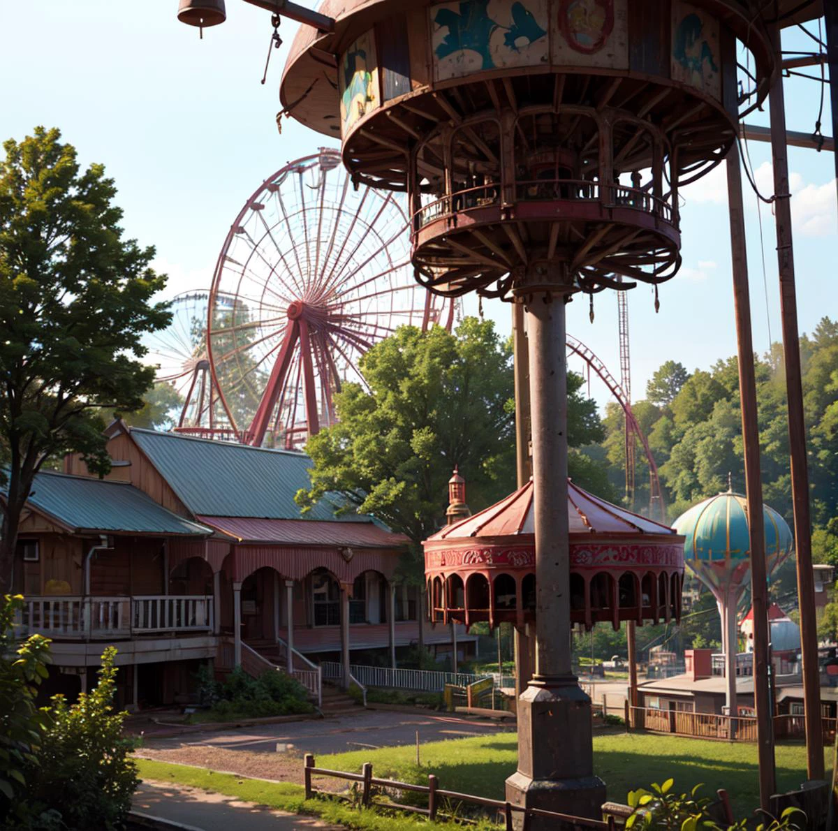 An abandoned amusement park reclaimed by nature, with rusted roller coasters and a carousel frozen in time. blurry