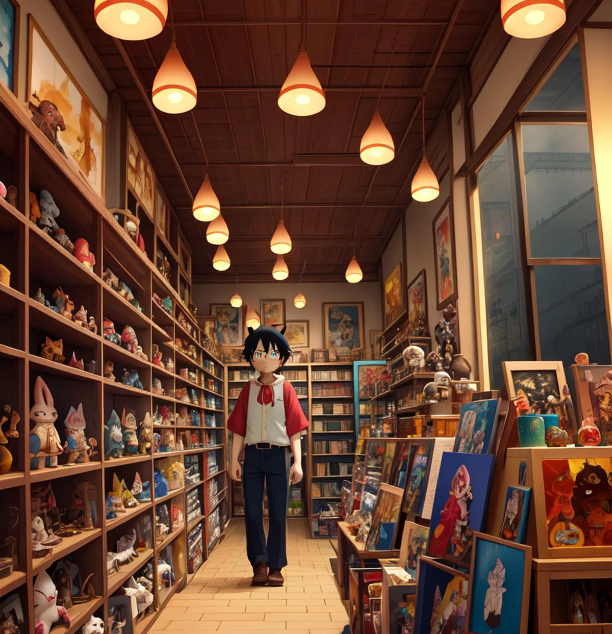 store full of curious collectibles :: incredible, anime, Digital 2D, animated by Kyoto Animation, Studio Ghibli, Miyazaki, AKIRA art style, beautiful, gorgeous, dramatic lighting, rule of thirds, perfect composition, trending on ArtStation, 4k --ar 1:2 --quality 2