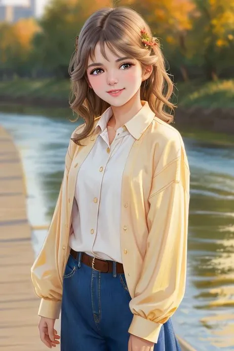 oil painting of AM192_Berka,
25 years old woman weared (long-sleeve shirt:1.2)
walking along the riverbank in the city,
soft light, golden hour, cheerful mood, shoulder shot, close up,
intricate, highly detailed, insane details, intricate details, hyperdetailed