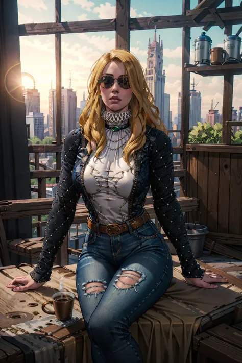 (masterpiece, best quality:1.2), <lora:vivienne-18:0.6>, vvivienneW3_soul3142, 1girl, solo, blonde hair, sunglasses, denim jacket, tshirt, belt, jeans, sitting, coffee, cafe, window, cityscape