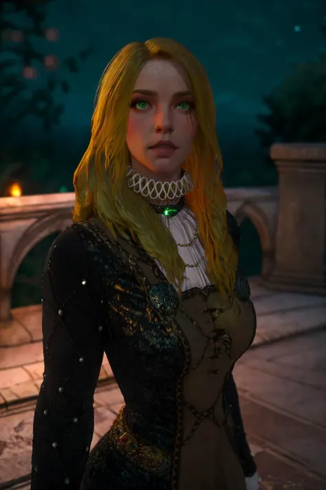 masterpiece, best quality, 8K RAW photo, film grain, bokeh, waist-up <lora:vivienne-18:.8> vivienneW3_soul3142, 1girl, blonde hair, golden dress, jewelry, green eyes, upper body, night, realistic, London, England