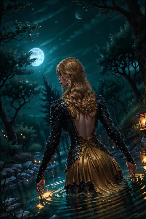 (masterpiece, best quality:1.2), <lora:vivienne-18:0.7>, vivienneW3_soul3142, 1girl, solo, long hair, outdoors, sky, water, from behind, tree, night, moon, nature, night sky, scenery, full moon, forest, facing away