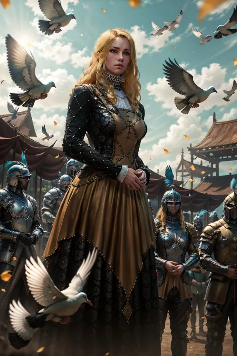 (masterpiece, best quality:1.2), <lora:vivienne-18:0.7>, vivienneW3_soul3142, 1girl, long hair, blonde hair, golden dress, outdoors, multiple boys, sky, solo focus, day, sword, cloud, armor, petals, bird, feathers, soldier, dove