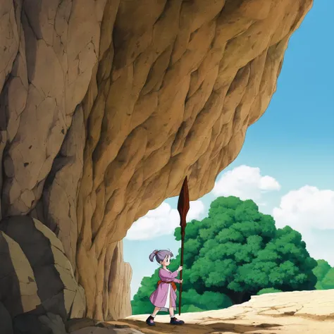 akiratoriyama art style, 1girl, a girl walking in a cave, holding a spear by the handle, gi, solo,