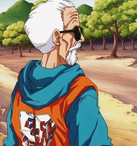 masterpiece, best quality, akiratoriyama art style, an old man walking in a desert wearing a hoodie, blue hair, long hair