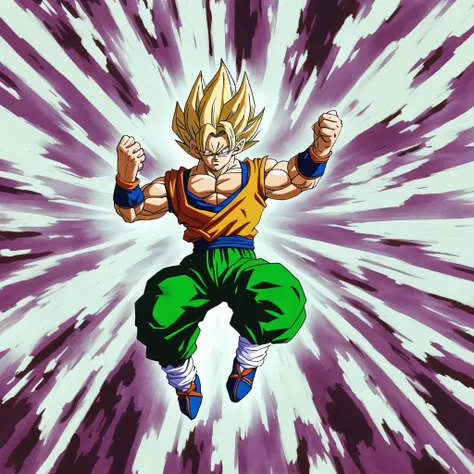 akiratoriyama art style, a guy fighting in the air, 1guy, solo, saiyan,