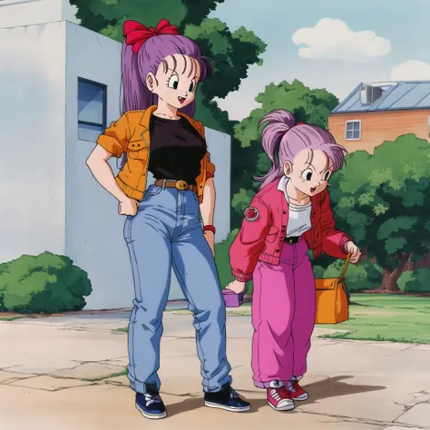 akiratoriyama art style, 1girl, a girl walking in a lab, purple hair, bow, jean jacket,