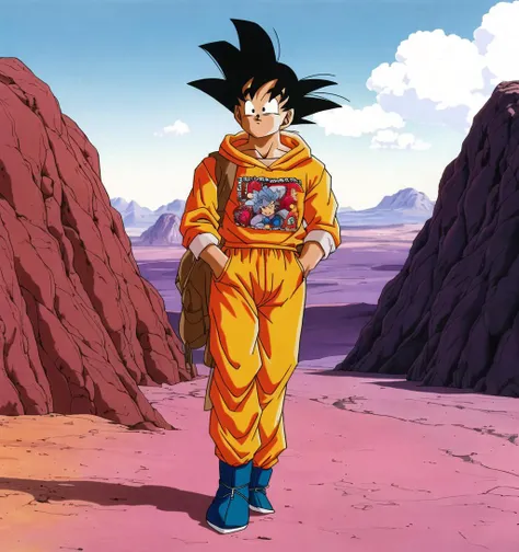 masterpiece, best quality, akiratoriyama art style, a man walking in a desert wearing a hoodie, blue hair,