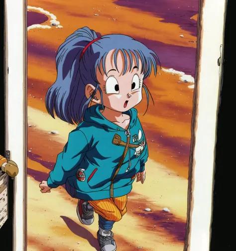 masterpiece, best quality, akiratoriyama art style, a girl walking in a desert wearing a hoodie, blue hair, ponytail,