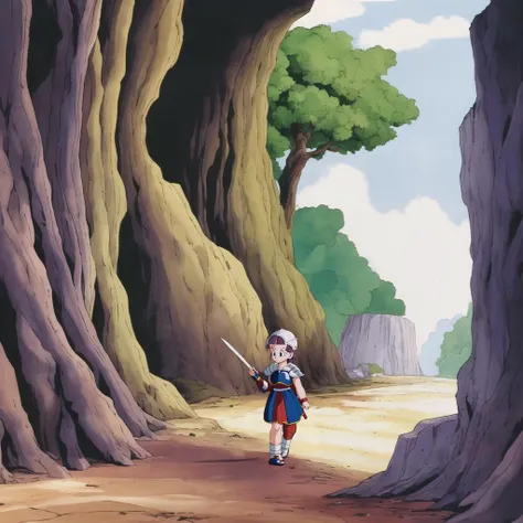 akiratoriyama art style, 1girl, a girl walking in a cave, holding a sword, armor,