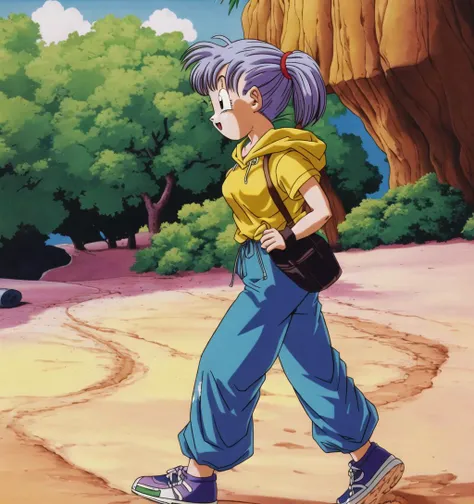 masterpiece, best quality, akiratoriyama art style, a girl walking in a desert wearing a hoodie, blue hair, ponytail,