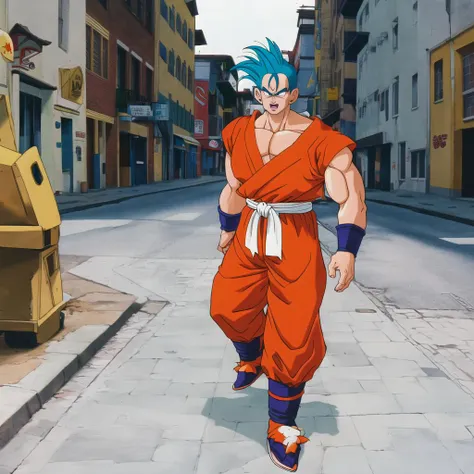 akiratoriyama art style, a guy in a tiger costume walking in a city, 1guy, solo, blue hair, bodybuilder pose