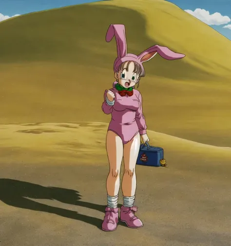 masterpiece, best quality, akiratoriyama art style, a girl wearing a bunny suit walking in a desert crying,