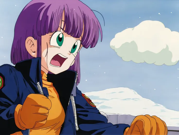 akiratoriyama art style, green eyes, open mouth, cloud, 1girl, purple hair, sky, jacket, blunt bangs, snow, bangs, short hair, long sleeves, solo, mittens