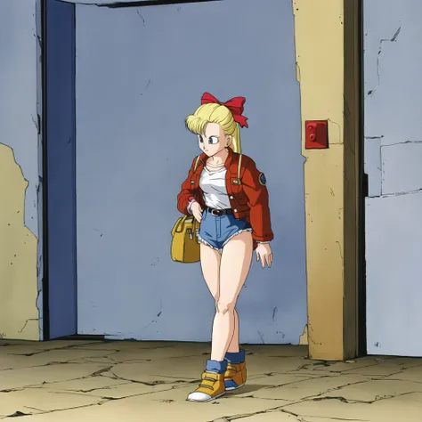 akiratoriyama art style, 1girl, a girl walking in a lab,blonde hair, bow, jean jacket, solo