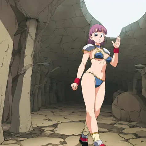 akiratoriyama art style, 1girl, a girl walking in a dungeon, hands up, bikini armor, solo,